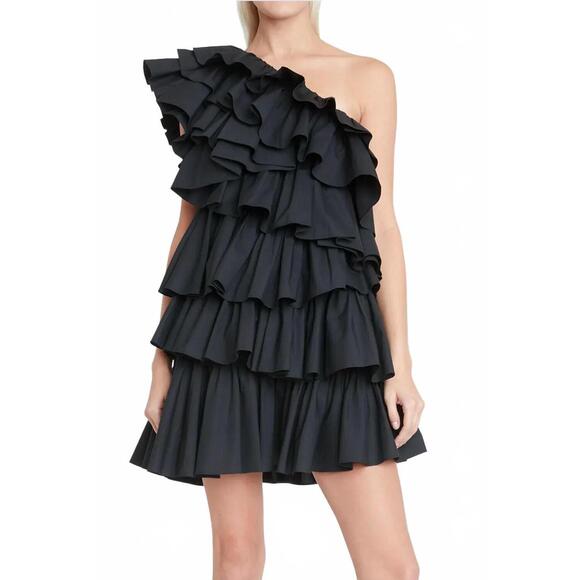 NEW ULLA JOHNSON naomi one-shoulder ruffle mini dress in black